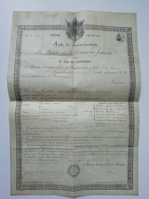 Acte signé Magne francisation navire Saint Jean-Baptiste, Marseille Jourdan 1860