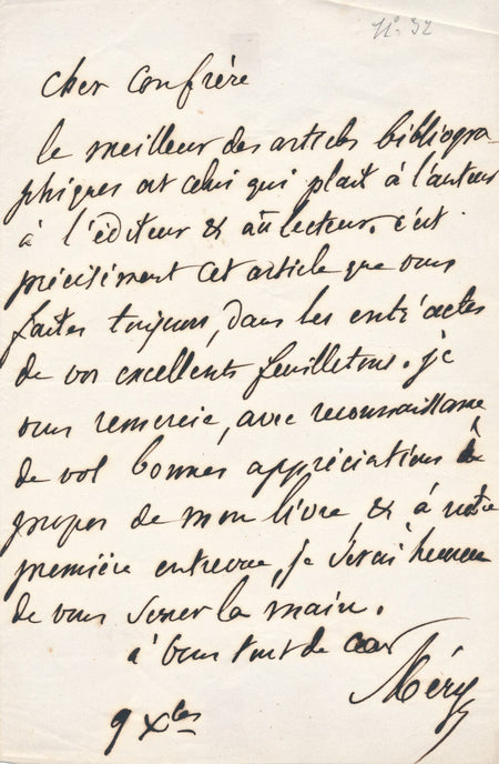 Jules MÉRY chanson remercie pour un article Prémaray lettre autographe signée
