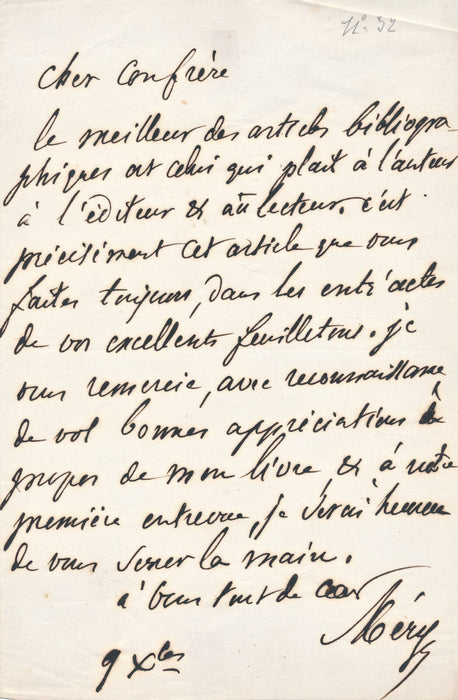 Jules MÉRY chanson remercie pour un article Prémaray lettre autographe signée