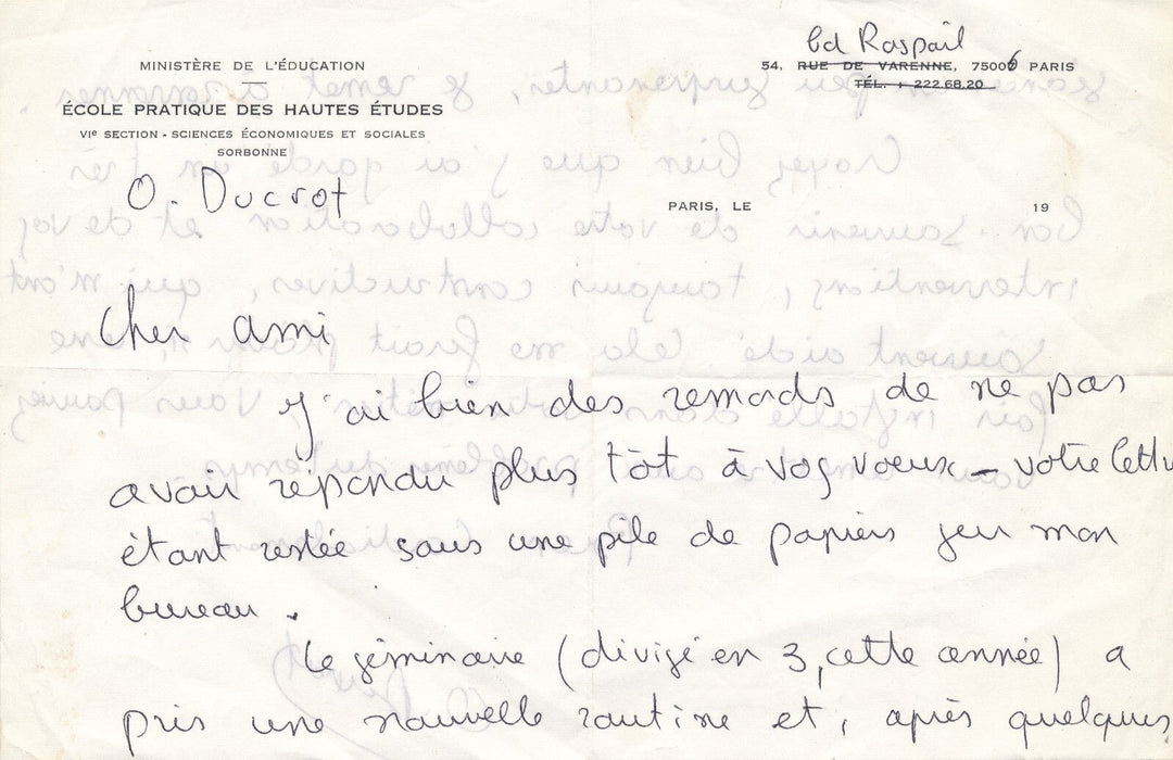 Oswald DUCROT évoque son séminaire et le temps lettre autographe