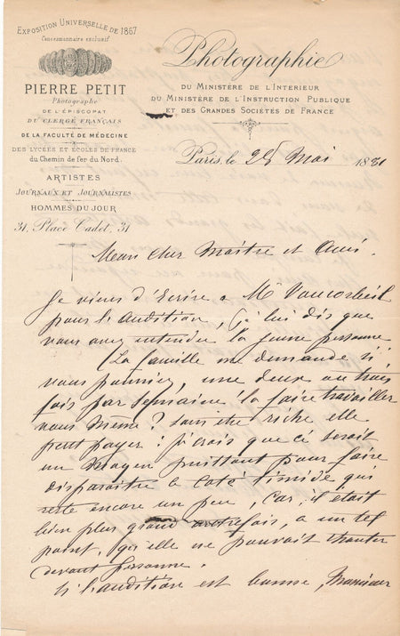 Pierre PETIT et sa timide protégée lettre autographe signée Auguste Vaucorbeil