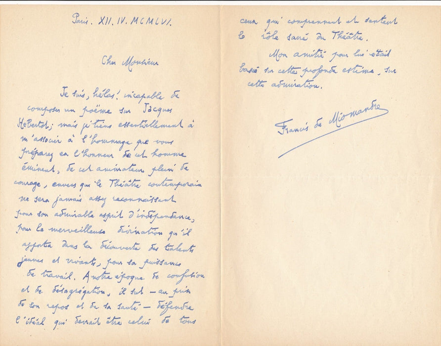 Francis de Miomandre 2 lettres autographes signées ET 2 envois P. Fort Hébertot