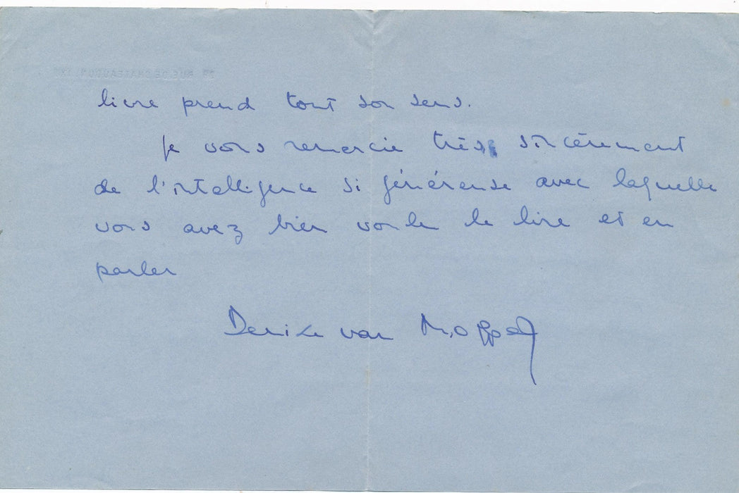 écrivain Denise Van Moppes femme lettre autographe signée Mercredi