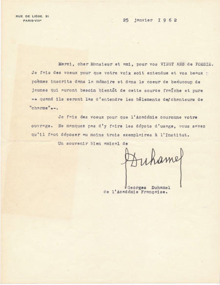 Georges DUHAMEL Lettre tapuscrite signée adressée a Jean AUBERT jeunesse poésie