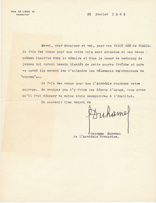 Georges DUHAMEL Lettre tapuscrite signée adressée a Jean AUBERT jeunesse poésie
