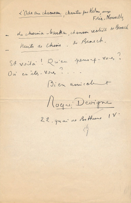 Roger DÉVIGNE 3 intéressantes lettres sur la redécouverte chanson française 1938