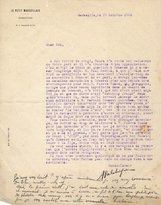 Abel Valabrègue savoir où en est son manuscrit Juif lettre autographe signée