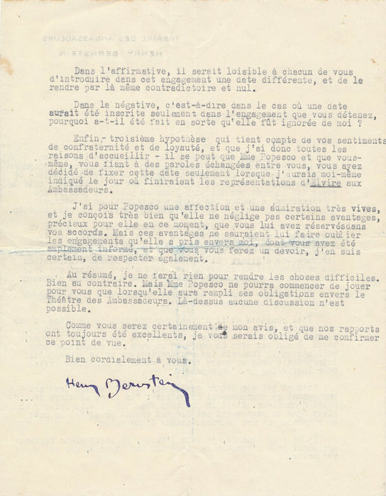 Henry BERNSTEIN à Albert WILLEMETZ 4 lettres Elvire Popesco probleme !