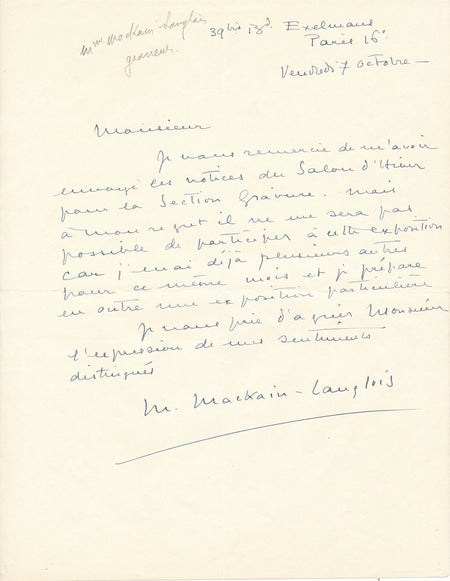 Marguerite MACKAIN-LANGLOIS  lettre autographe signée sociétaire salon d'Hiver