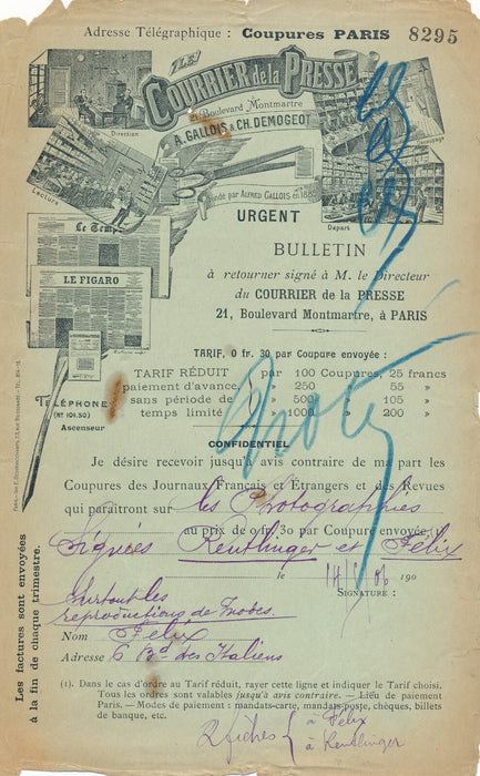 FÉLIX et REUTLINGER photographes XIX-XXe siècle Lettre signée Félix presse 1900