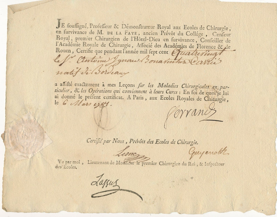 3 certificats signés Antoine Ignace Bonaventure Carrié Carrie chimie chrirurgie