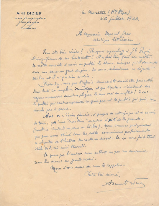 sur Joseph Peyré (1892-1968) Le Chef à l’étoile d’argent lettre autographe signé