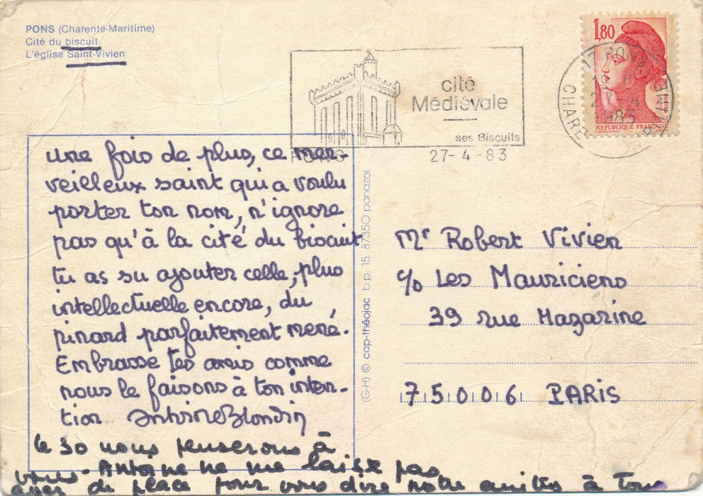 Antoine BLONDIN 2 cartes postales autographes signées au libraire Robert Vivien