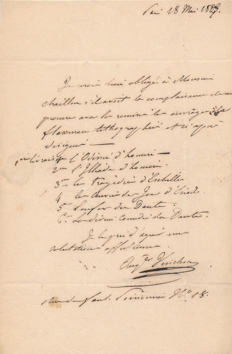 Auguste VINCHON lettre autographe signée ouvrages lithographiés John Flaxman