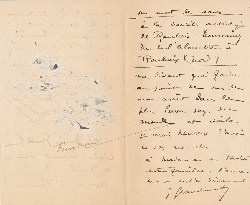 Au relieur Léon GRUEL lettre autographe signée avec DESSIN Fourdrain