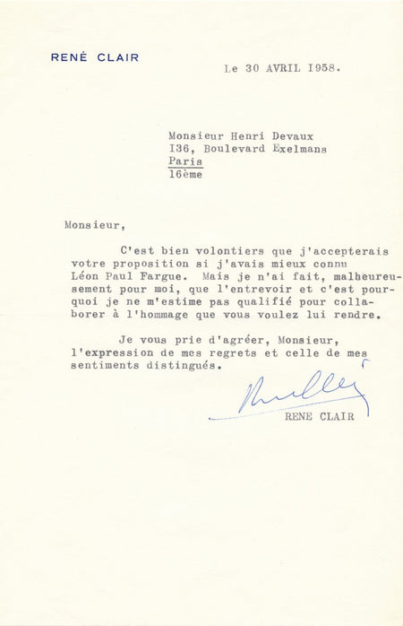 René CLAIR cinéaste a simplement entrevu Léon Paul Fargue lettre signée