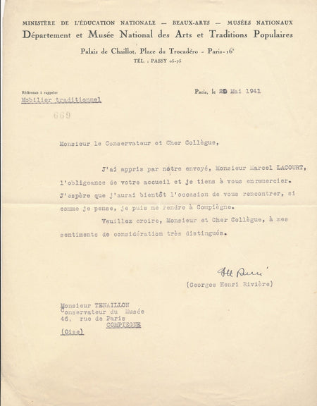 Georges Henri RIVIÈRE Arts Traditions Populaires lettre signée musée Vivenel