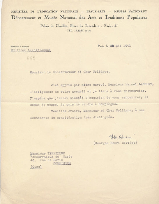 Georges Henri RIVIÈRE Arts Traditions Populaires lettre signée musée Vivenel