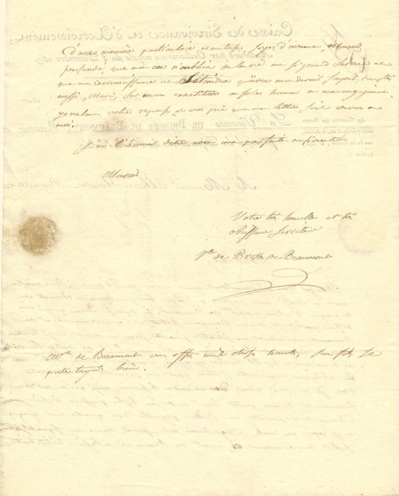 Vicomte de Brosses de Beaumont lettre autographe signée Arras manque d'argent !