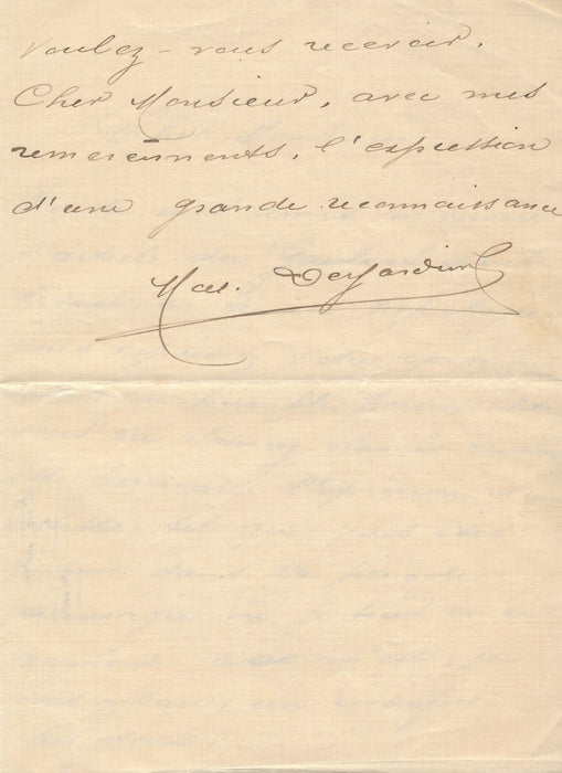 Maxime DESJARDINS acteur lettre autographe signée dans une période découragée