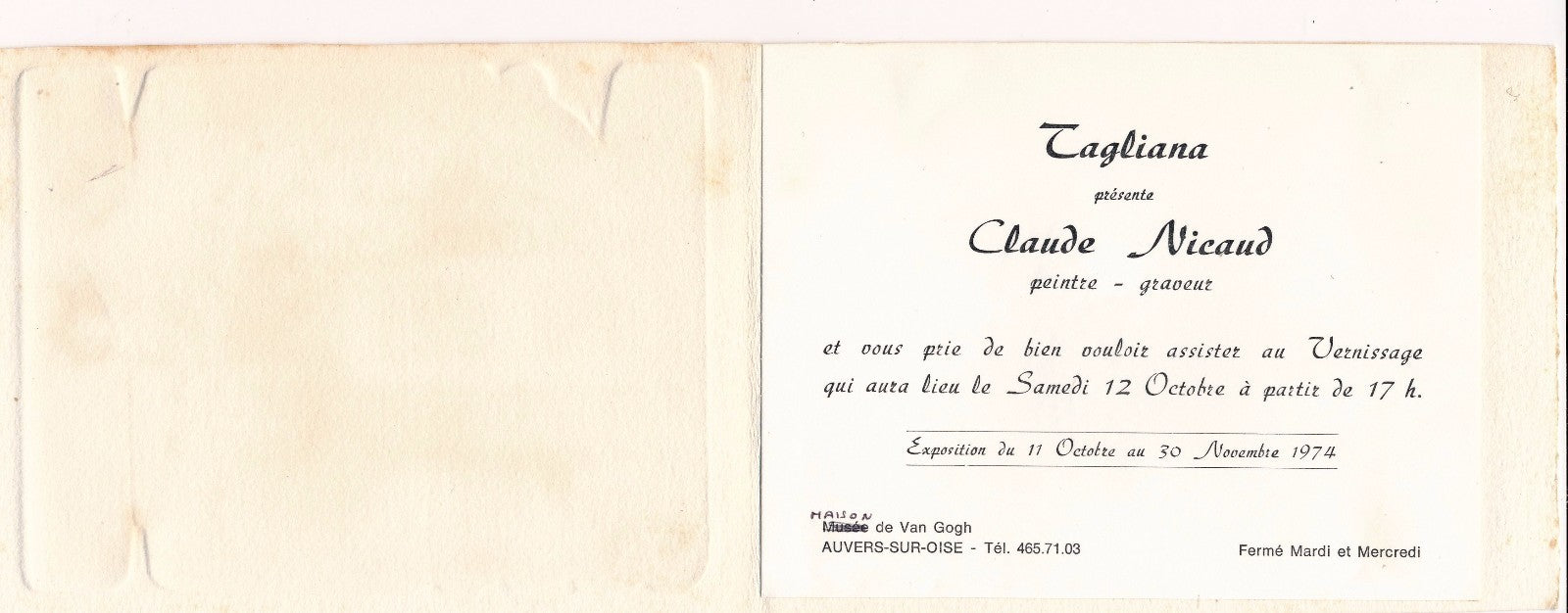 Claude Nicaud gravure eau forte et carte annonçant exposition