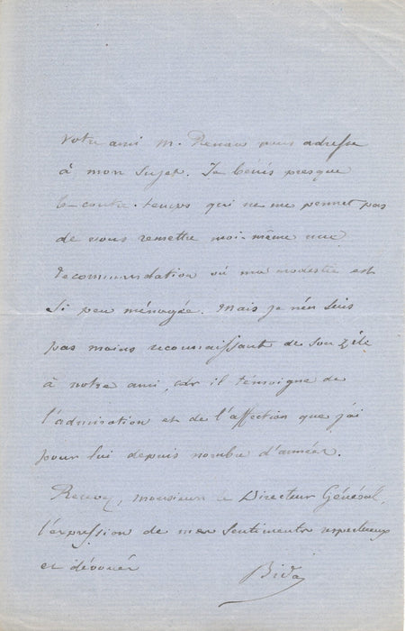 Alexandre BIDA est trop bien recommandé par Ernest Renan lettre autographe signé