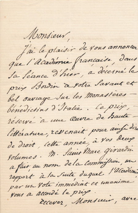 François-Auguste MIGNET annonce à Alphonse Dantier le prix Bordin autographe