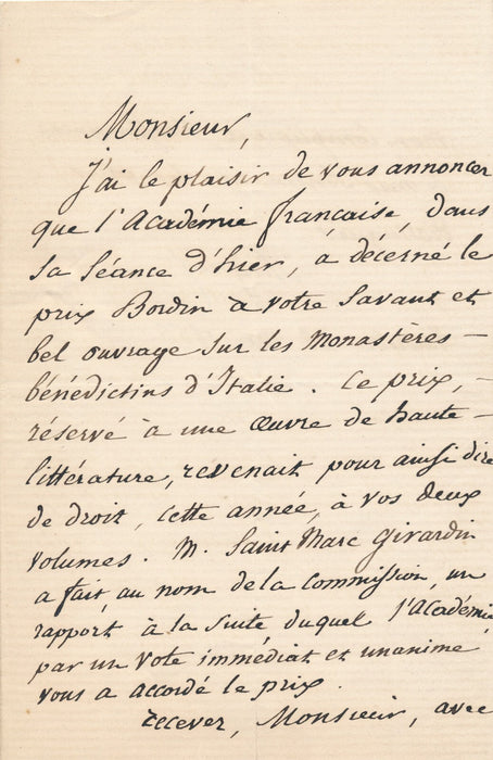 François-Auguste MIGNET annonce à Alphonse Dantier le prix Bordin autographe