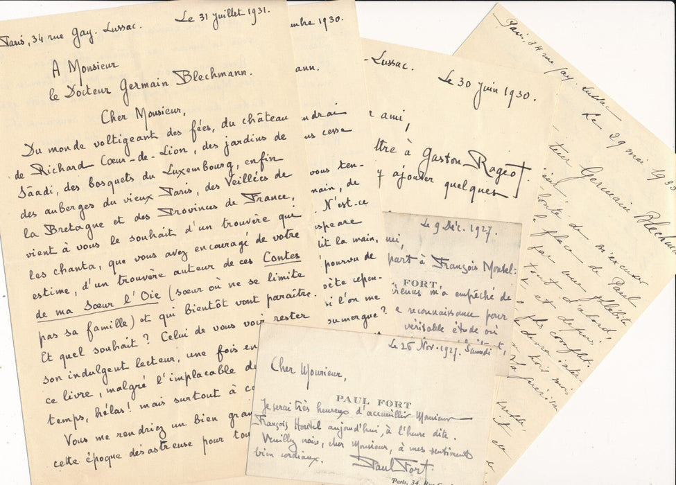 bel ensemble autographe Paul FORT 2 lettres 2 cartes 1 lettre épouse dédicace