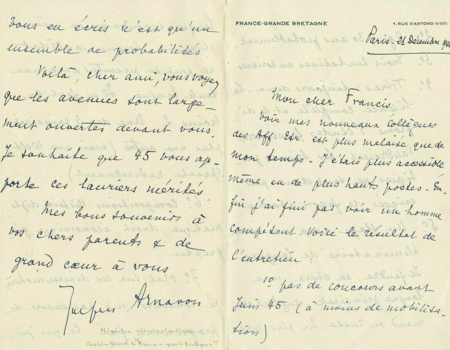 Jacques ARNAVON diplomate lettre autographe signée concours ministere étrangeres