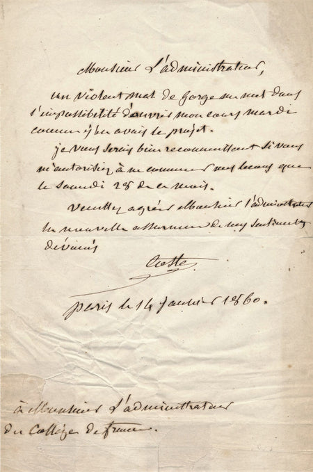 Jacques Marie Cyprien Victor COSTE naturaliste saumon lettre autographe signéer