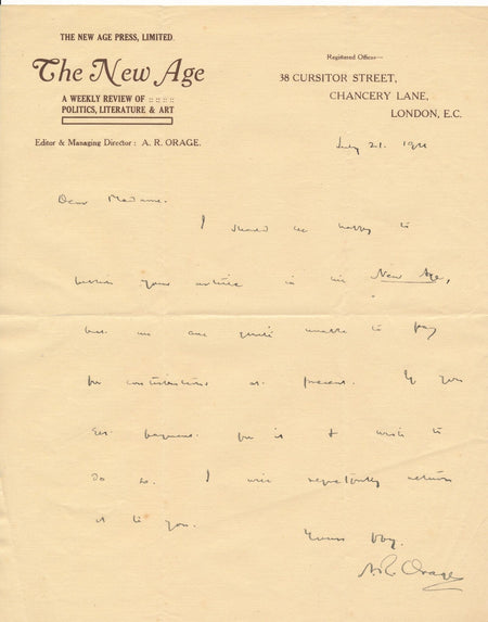 Alfred Richard ORAGE The New Age 4 lettres autographes signées presse Ciolkowska