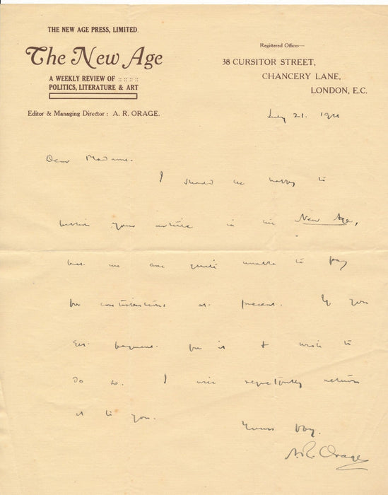 Alfred Richard ORAGE The New Age 4 lettres autographes signées presse Ciolkowska