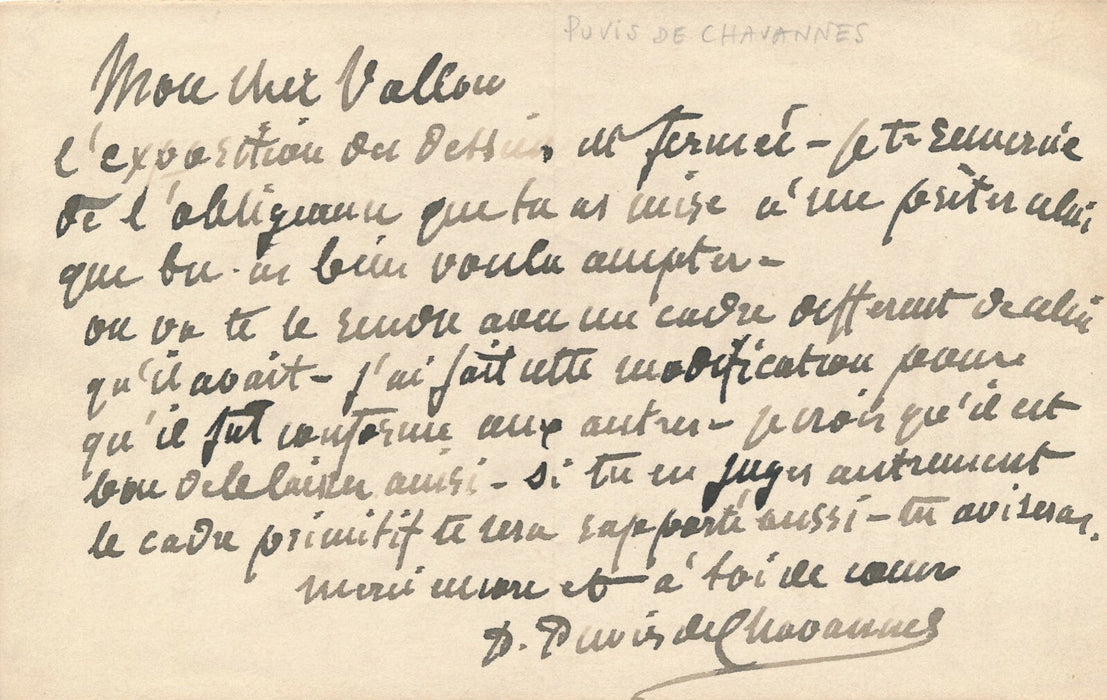 Pierre PUVIS DE CHAVANNES lettre autographe signée encadrement prêt d'oeuvre