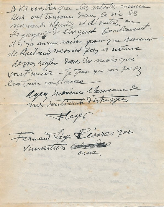 Fernand LEGER Lettre autographe signée sur André de RICHAUD en difficulté