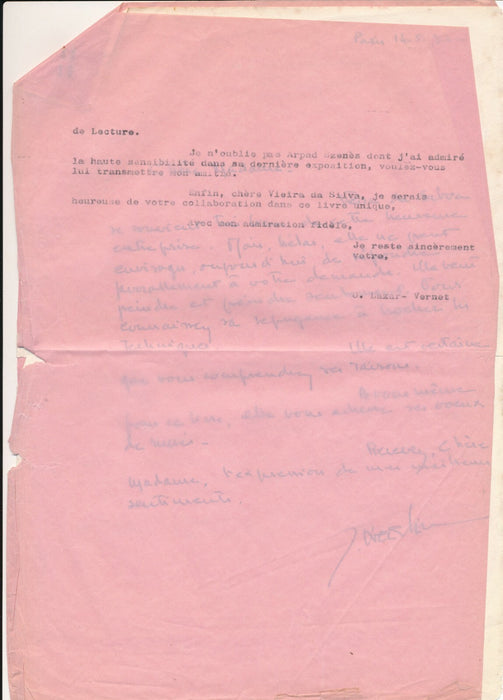 Sur Maria Helena VIEIRA DA SILVA Lettre autographe signée Guy Weelen