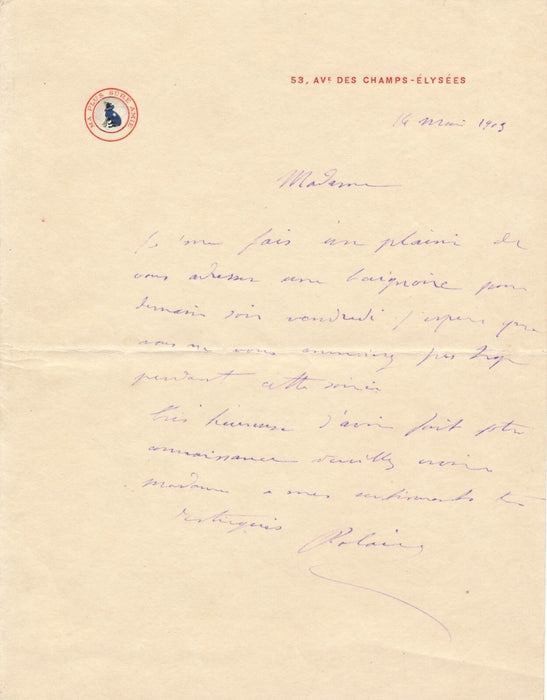 POLAIRE lettre autographe signée envoie une place baignoire chanteuse