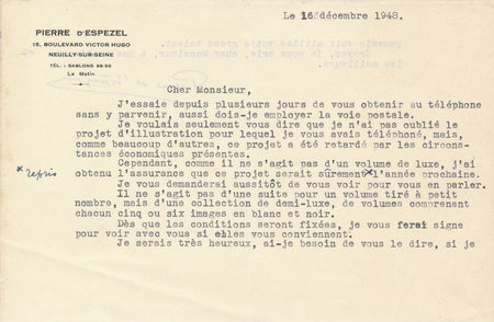 Pierre d’ Espezel lettre tapuscrite signée illustration bois gravé Delatousche