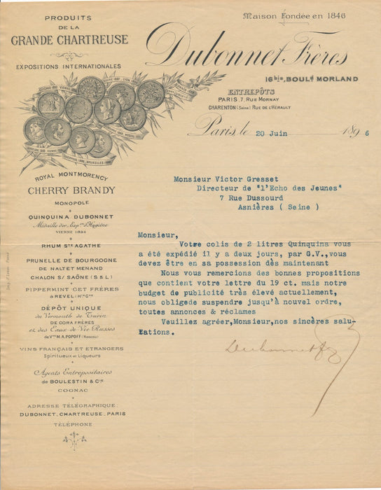 Dubonnet frères en-tête lettre dactylographiée 1896 2 litres de Quinquina