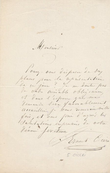 Ernest CICERI lettre autographe signée demande de place pour théâtre Isabey