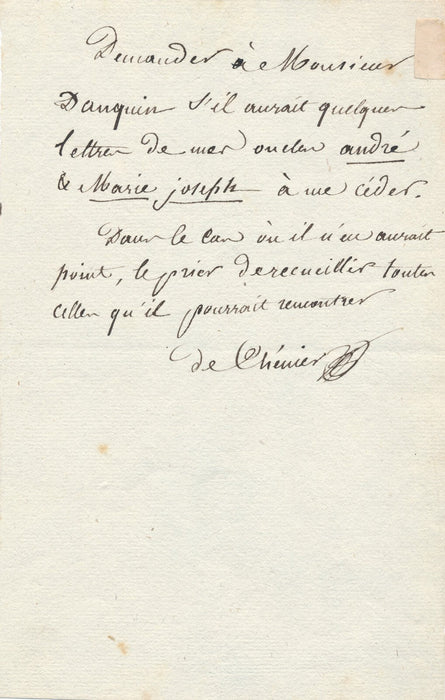 Un neveu d'André Chénier cherche des lettres autographes signées Danquin