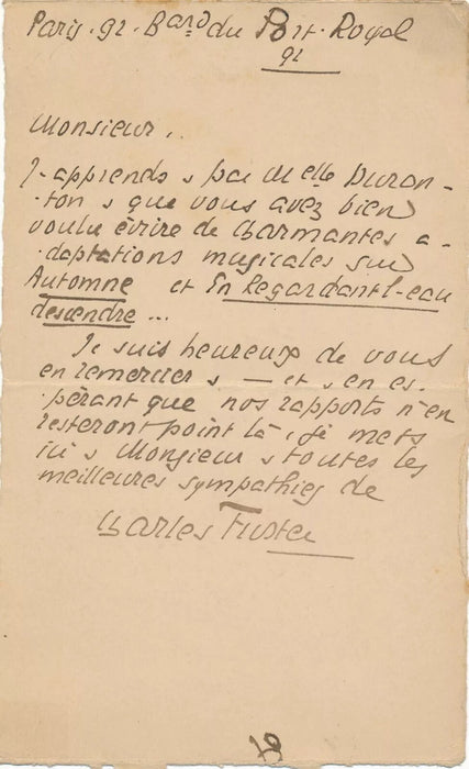 Charles FUSTER 3 lettres autographes signées Georges Thouret adaptation musicale