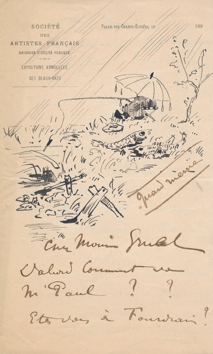 Au relieur Léon GRUEL lettre autographe signée avec DESSIN Fourdrain