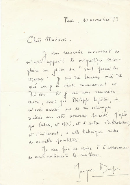 Jacques DUPIN Lettre autographe signée Yeats Miro gravure Lepatre Calder 