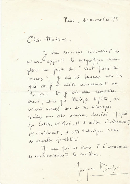 Jacques DUPIN Lettre autographe signée Yeats Miro gravure Lepatre Calder 