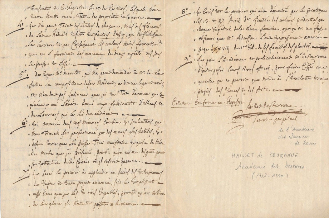 Botanique académie Rouen Haillet  Couronne Dambourney manuscrit autographe signé