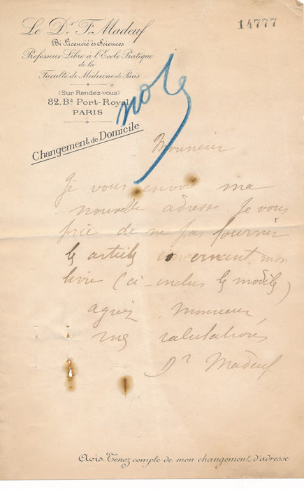 Docteur François MADEUF lettre autographe signée en-tête médecine naturelle