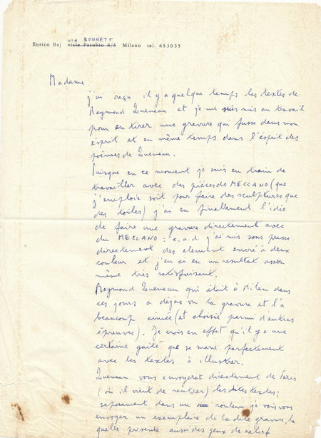 Enrico BAJ Lettre autographe signée gravure Mecano Queneau collaboration 