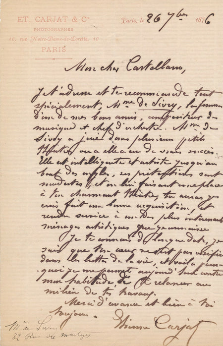 Étienne CARJAT à E. CASTELLAN0 théâtre lettre autographe signée Comiot Sivry