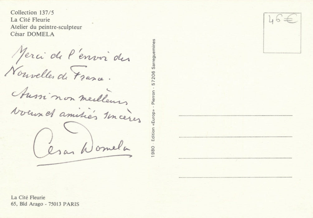 C. DOMELA 1 lettre autographe signée 1 carte postale autographe signée 1 photo